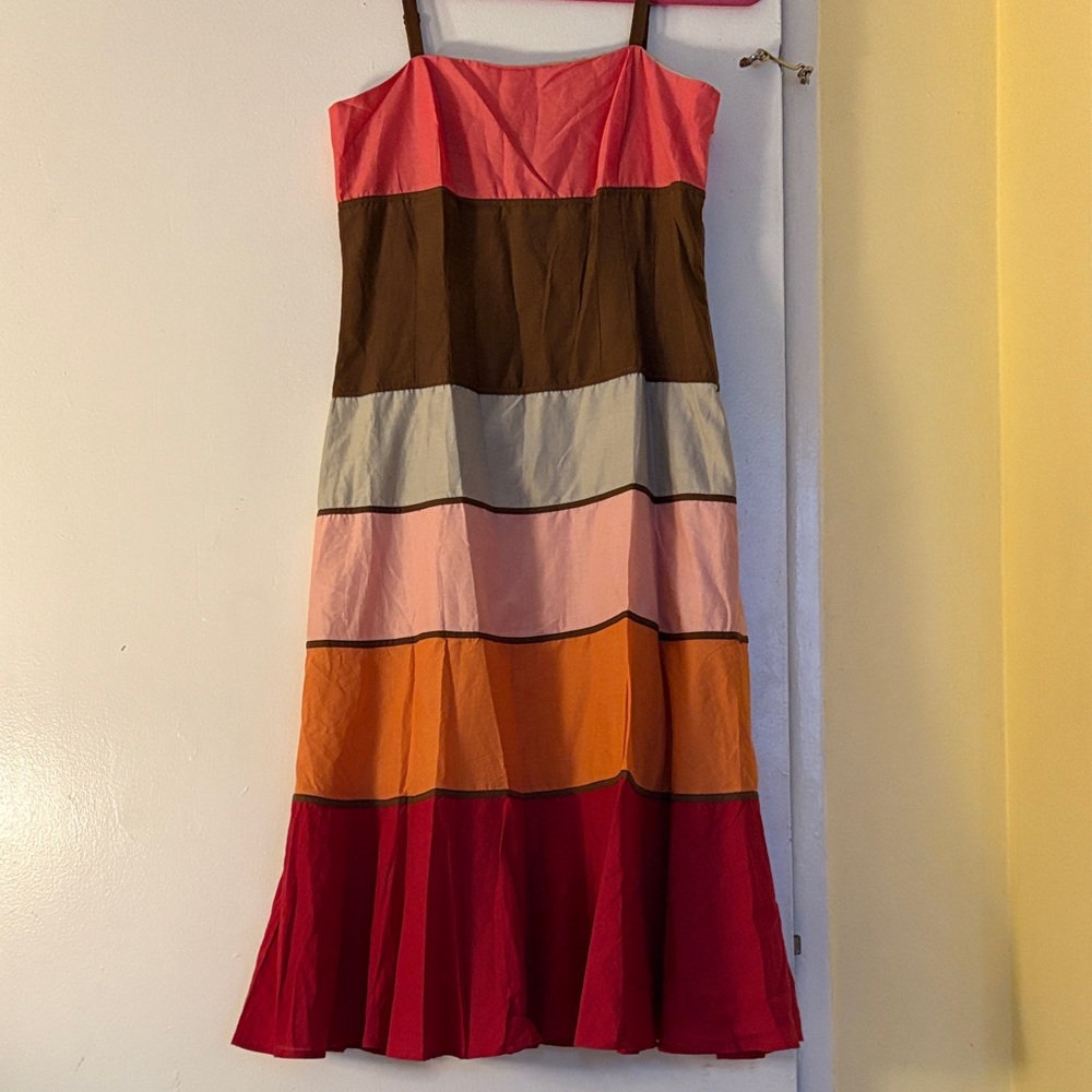 BCBGMaxAzria Strapless Colorblock Midi Dress in Pink, Brown, Gray, Orange & Red